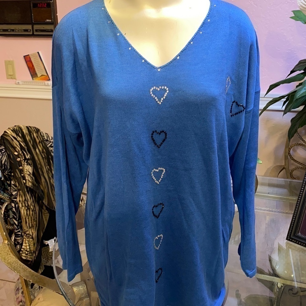 F California Style blue faux diamonds long sleeve knit top plus size 2X